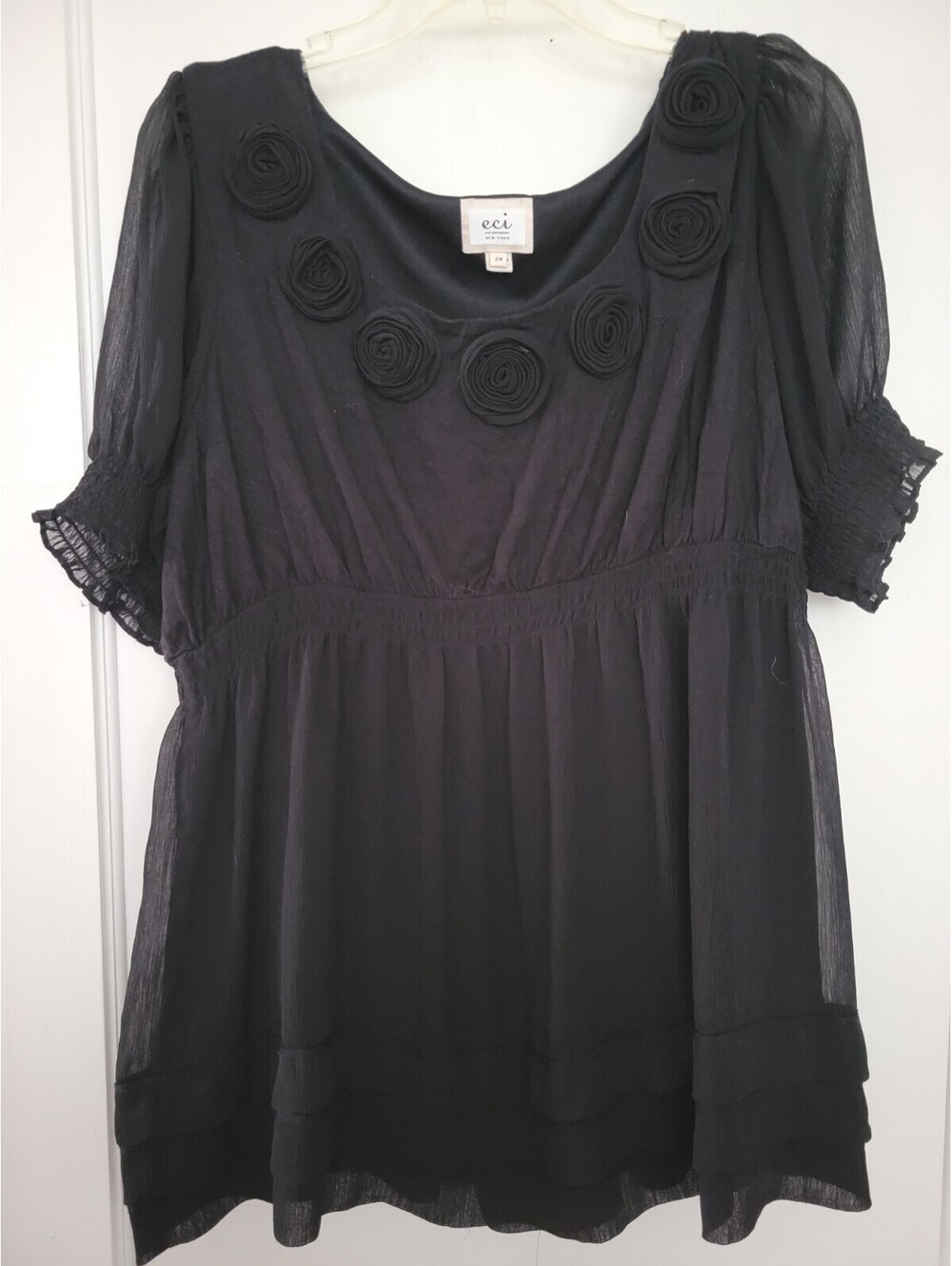 ECI New York Blouse 2X Black Sheer 3D Floral Y2K Top Women Plus Boho